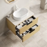 thumbnail of Badezimmer-Waschtisch 62×75×46 cm mit ovalem Keramikwaschbecken, Travertin-Sintersteinplatte, Eichenholz-Schrank mit 2 Schubladen, Beige