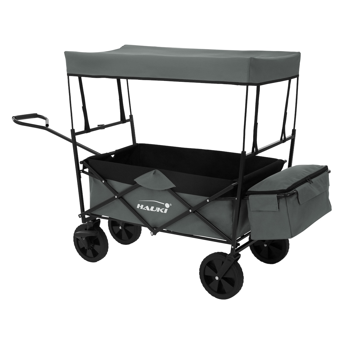 Hauki Bollerwagen L Grau, faltbar mit Dach, Handwagen klappbar, bis 80 kg, 2 Netztaschen + Außentasche, Bremse, Transportwagen Kinder