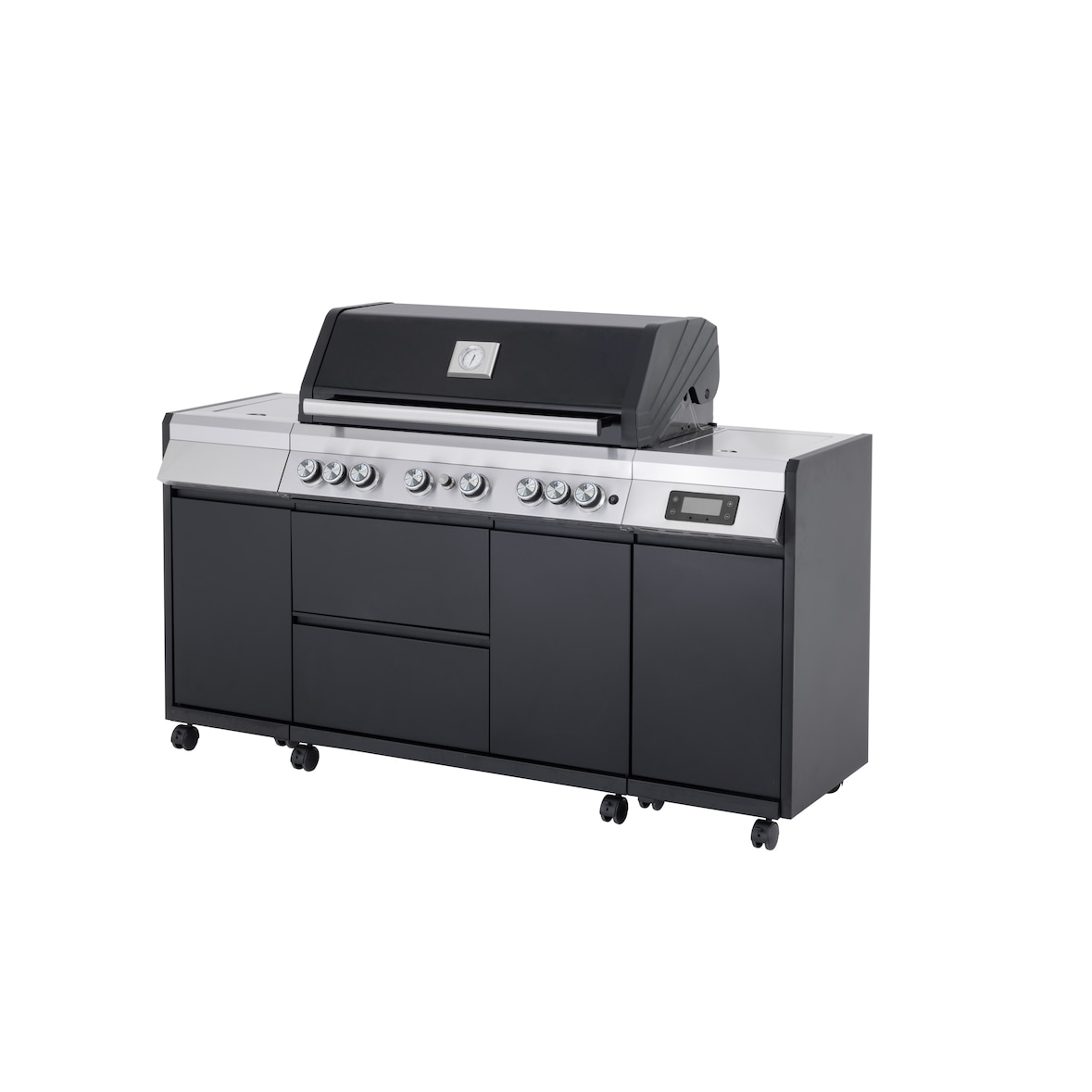 Tarrington House Barbecue a gas con 6+1+1 bruciatori, acciaio/acciaio inox, 172 x 59 x 116 cm, con ripiani laterali, termometro digitale, ruote, nero