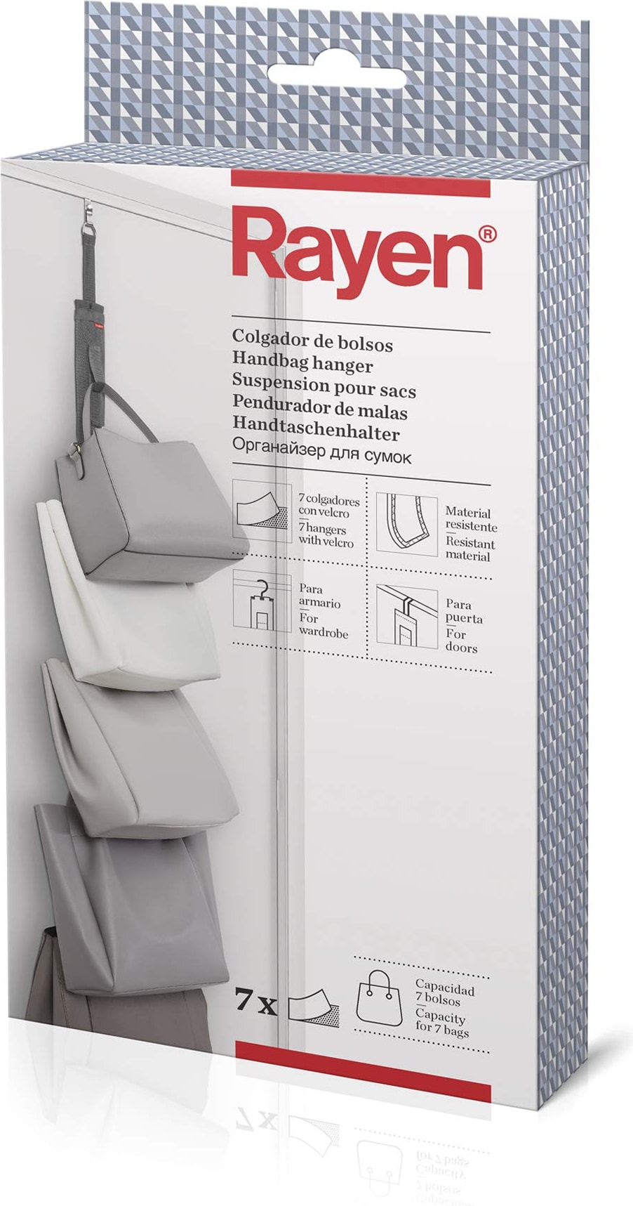 Rayen | Bag Hanger : Für Kleiderschrank oder Tür : 7 Haken mit Klettverschluss : 7,5 x 95 cm