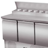 thumbnail of Mesa de preparación refrigerada SKYRAINBOW de acero inoxidable 3 puertas 260 litros 1365x700mm. Mesa fría bajo mostrador de restaurante y hostelería.