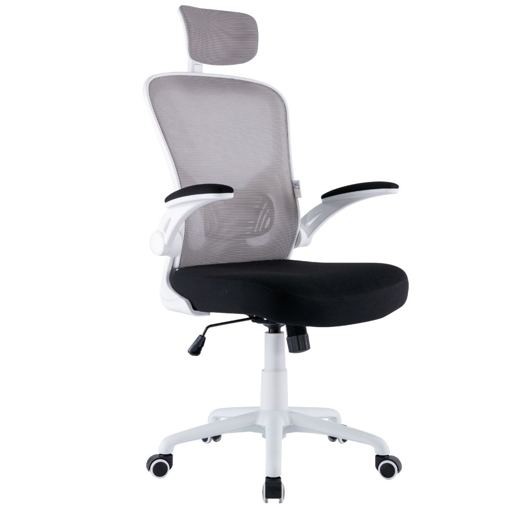 Chaise de bureau ergonomique pivotante avec soutien lombaire, accoudoirs et appui-tête, hauteur réglable - Blanc