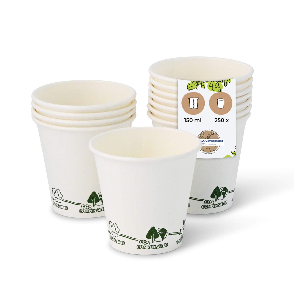 BIOZOYG 250 Stück Kaffeebecher 150ml / 6oz Einwegbecher Pappbecher weiß mit Bedruckung, kompostierbar nachhaltig Partybecher Trinkbecher Biobecher