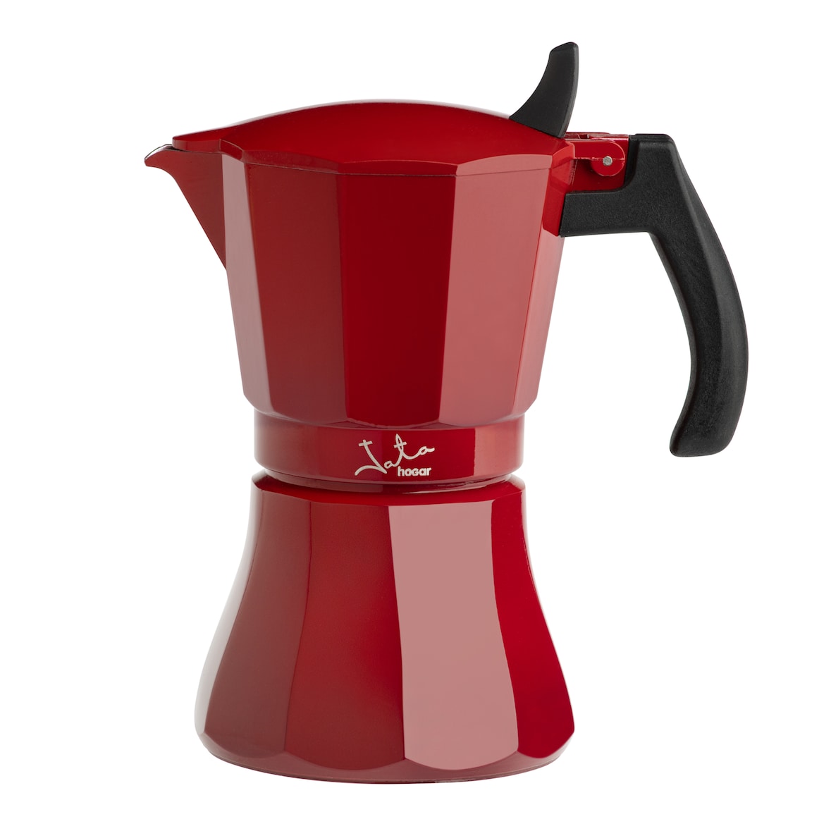 Cafetera de aluminio JATA HCAF2009 de 9 tazas. Apta para todas las cocinas, incluida inducción. Asa maciza especial antiquemaduras