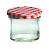thumbnail of 100er Set Sturzglas 125 ml Marmeladenglas Einmachglas Einweckglas To 66 rot karierter Deckel incl. Diamant-Zucker Gelierzauber Rezeptheft