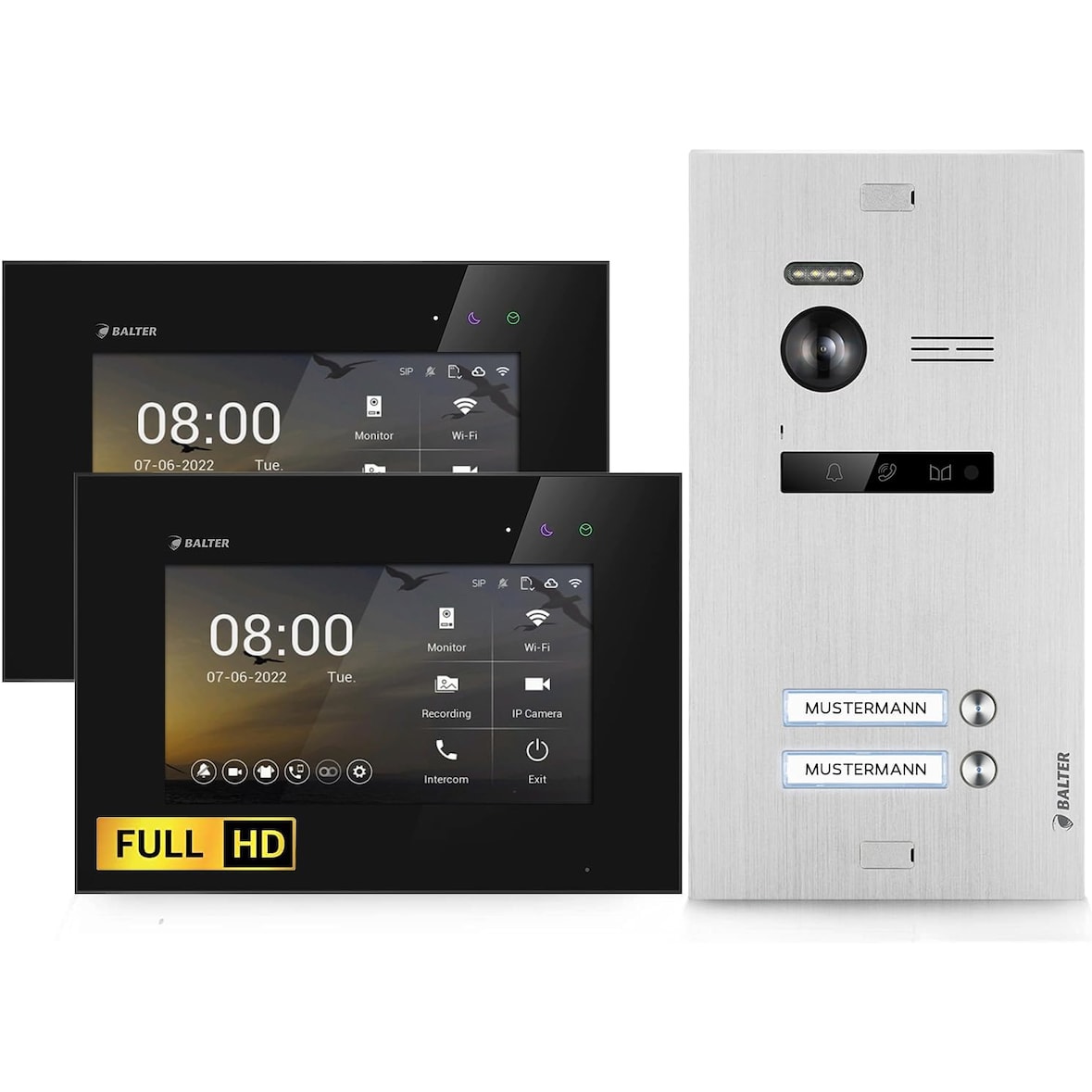 HD Video Türsprechanlage mit App für 2 Familienhaus, 2x Monitor, Balter EVO HD WLAN Silber/Schwarz