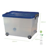 thumbnail of Caja transparente Eurobox 60 litros con ruedas y tapa azul.