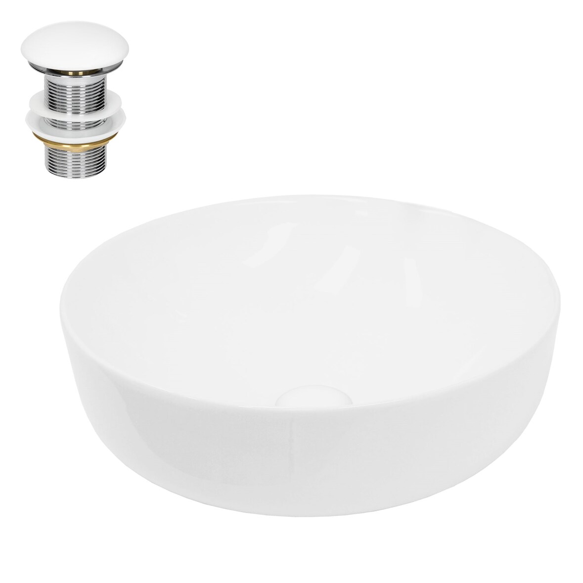 ECD Germany Aufsatzwaschbecken Keramik Weiß 400×400×135 mm, rund, ohne Überlauf, inkl. Ablaufgarnitur – modernes Waschbecken
