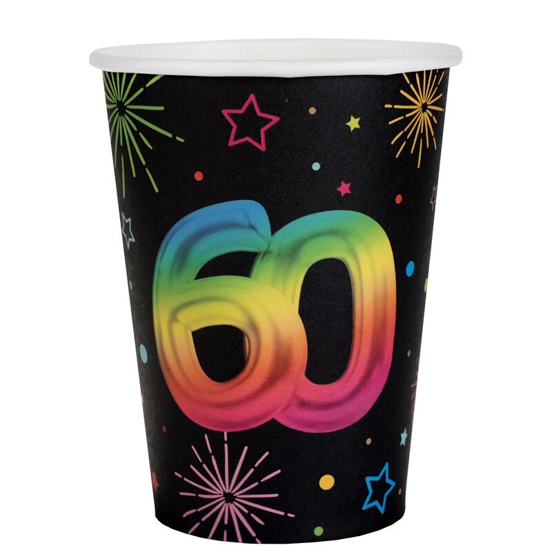6 Becher 60. Geburtstag bunt Pappbecher