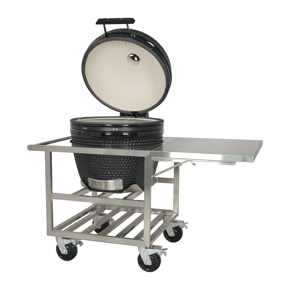 METRO PROFESSIONAL Barbacoa de carbón vegetal kamado Naggado Pro, 140 x 91 x 127 cm, mesa lateral plegable y ruedas, cerámica/ acero inoxidable, negro