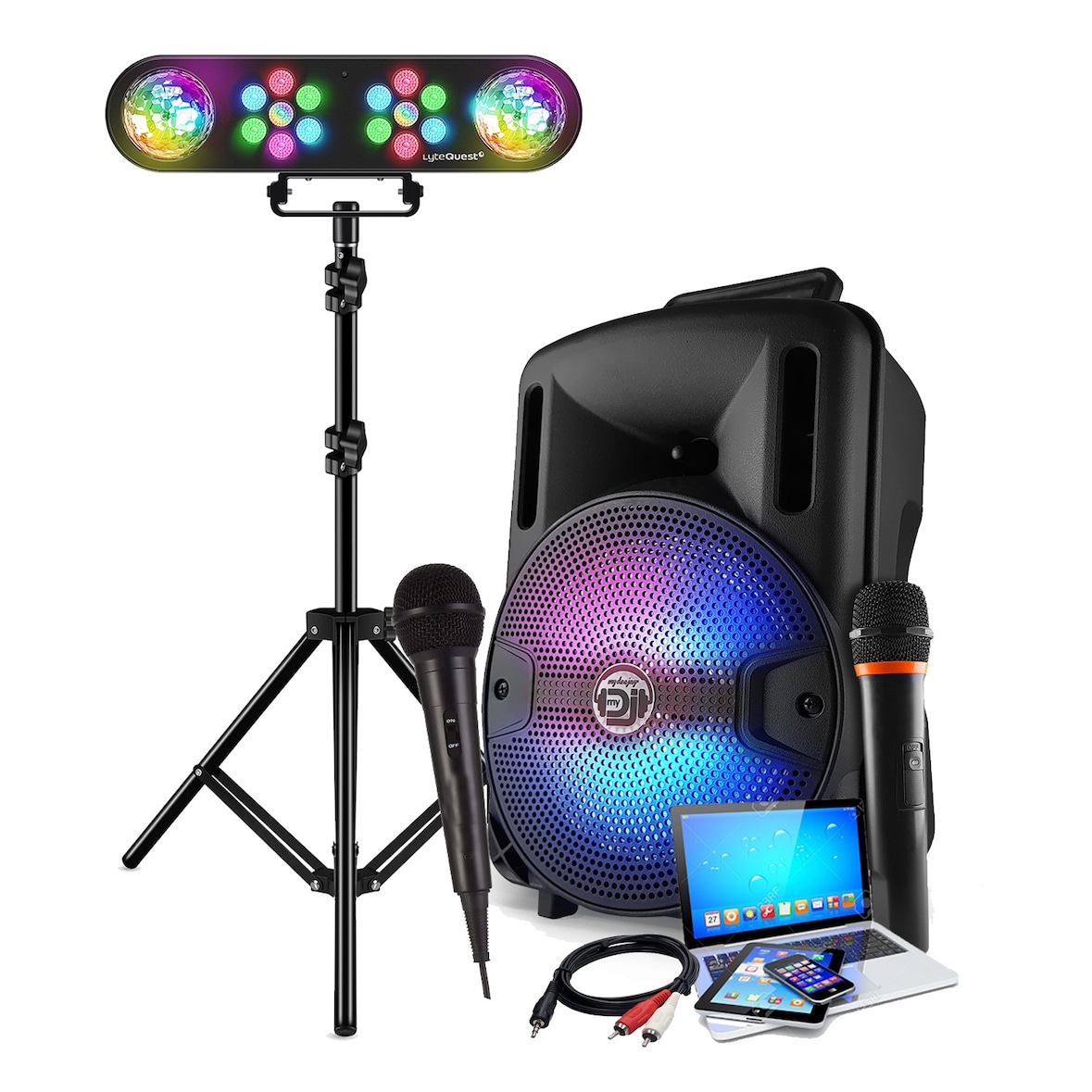 Karaoké Enfant Enceinte sono 400W sur Batterie portable LED USB/SD/BLUETOOTH, 2 Microphones, câble PC, Pack jeux de lumières