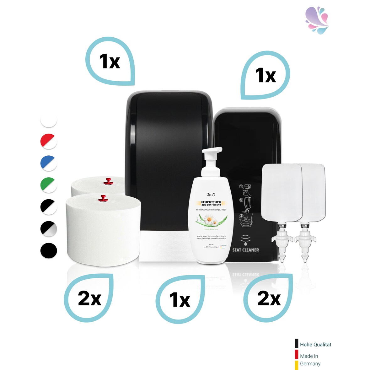 KOMPLETT-SET Toilettenkabine: Toilettenpapierspender + SENSOR Sitzreinigung + Reinigungsschaum + Füllmittel