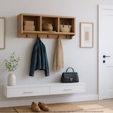 thumbnail of Estantería de pared HWC-K49, perchero Perchero de pared Estantería, 3 compartimentos de almacenaje 5 ganchos 30x80x20cm madera ~ marrón natural