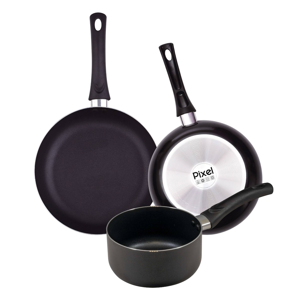 Chef sauce PIXEL - Juego de 2 Sartenes Ø20/Ø24cm y Cazo Ø16cm en Aluminio Prensado Antiadherente