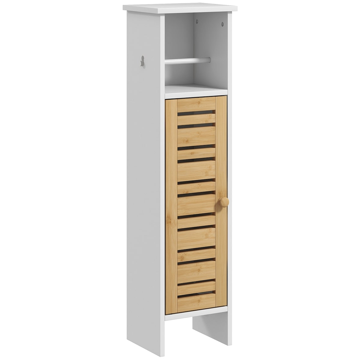 Columna de baño moderna mueble auxiliar de baño armario de baño con portarrollos de papel estantes ajustable y puerta de bambú 21x17x78 cm blanco
