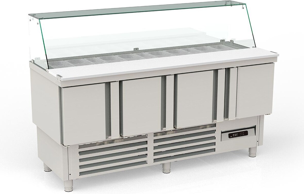 vaiotec TOPLINE 700 Saladette 350, 4 Türen, Glasaufsatz schräg, für GN 1/6 & 1/9, BTH 1825 x 700 x 1237 mm