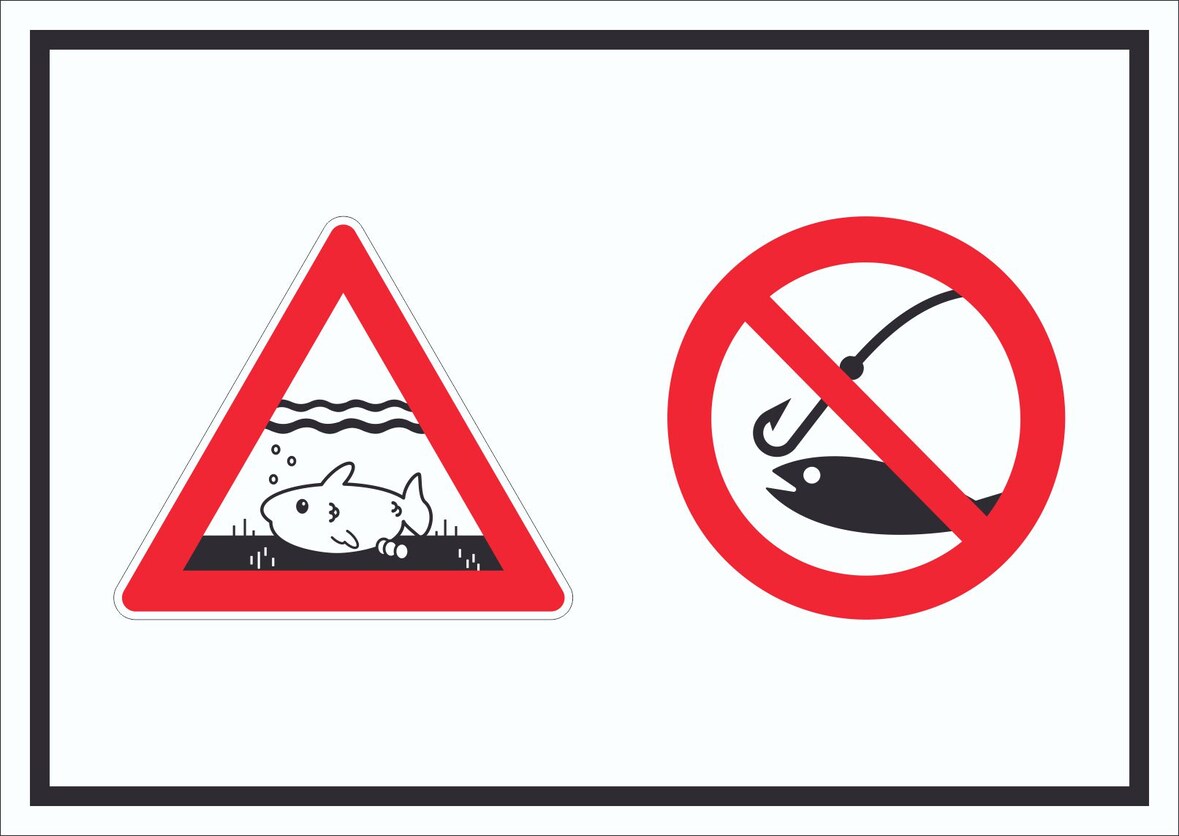 Achtung Laichzeit Laichschonbezirk Angeln verboten Symbol Schild A5 (148x210mm)