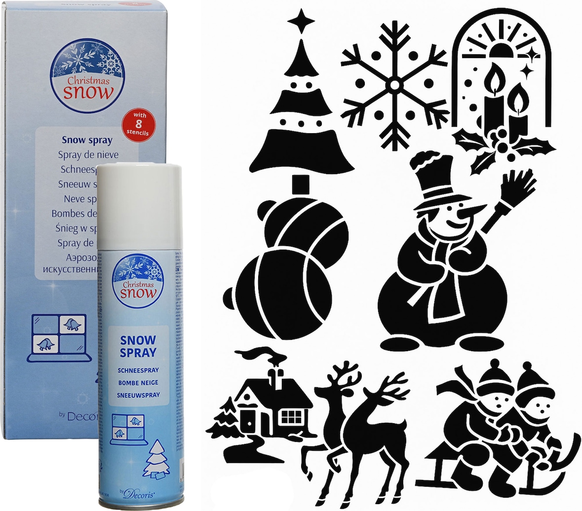 Schneespray 150ml + 8 Schablonen Kunstschnee Dekospray Dekoschnee Spraydose Sprühschnee Dose Fensterbilder Weihnachtsdeko Winterdeko Fensterdeko