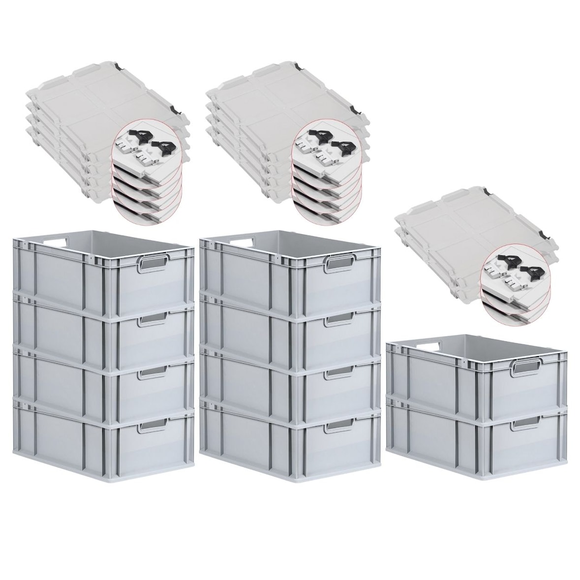 PROREGAL 10x Eurobox NextGen Grip mit Scharnierdeckel & schwarzen Verschlüssen | HxBxT 22x40x60cm | 44 Liter | Griffe offen | Verstärkter Boden
