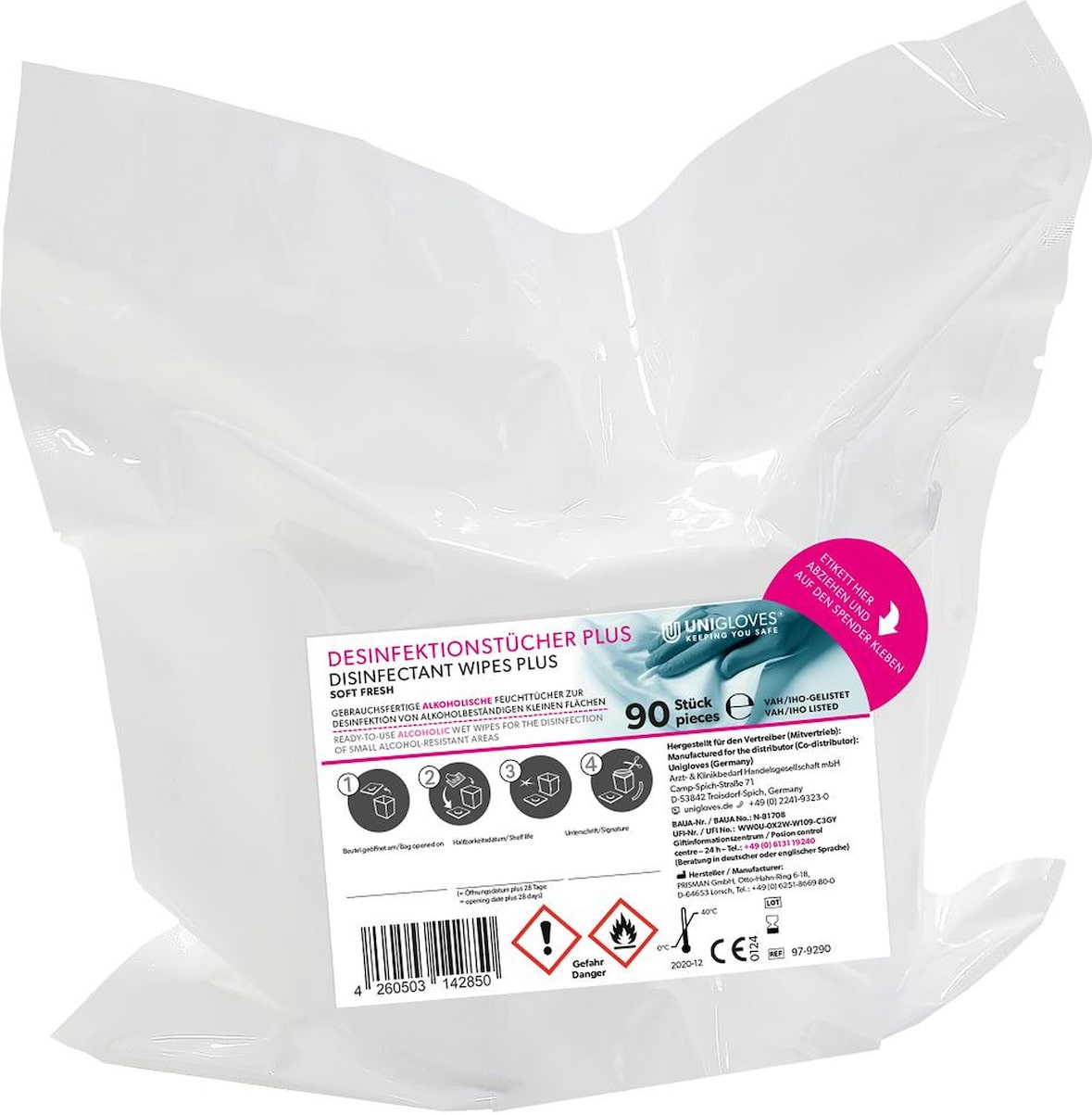 UNIGLOVES Desinfektionstücher Plus-Soft - fresh - 2 x 90 Stück