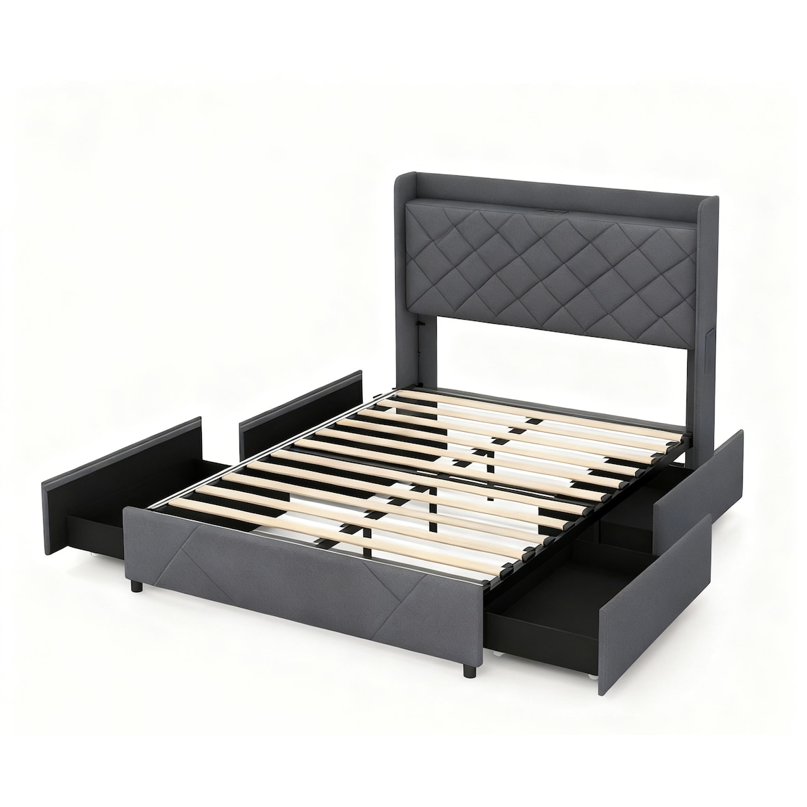 COSTWAY Estrutura de Cama de Casal com Luzes LED, Cama Plataforma Estofada com Base de Carregamento, 2 Bolsos de Armazenamento e 4 Gavetas