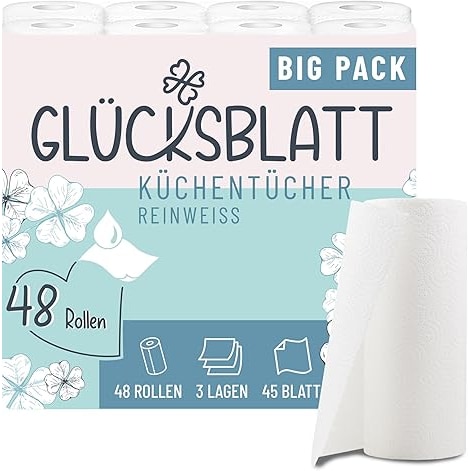 Küchentücher, 48 Rollen á 45 Blatt, 3-lagige Küchenrollen, 100% Zellstoff, saugstarke Haushaltsrollen