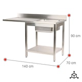 thumbnail of Romux® Évier en Acier Inoxydable pour Lave-Vaisselle avec 1 Cuve et Égouttoir à Gauche 1400x700x900 mm Démontable | Plonge Inox Professionnelle