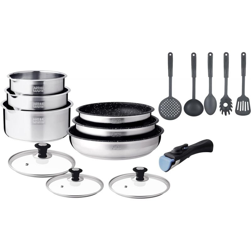 Batterie de cuisine inox avec manche amovible 15 pieces  AM1275 usage non-intensif Arthur Martin