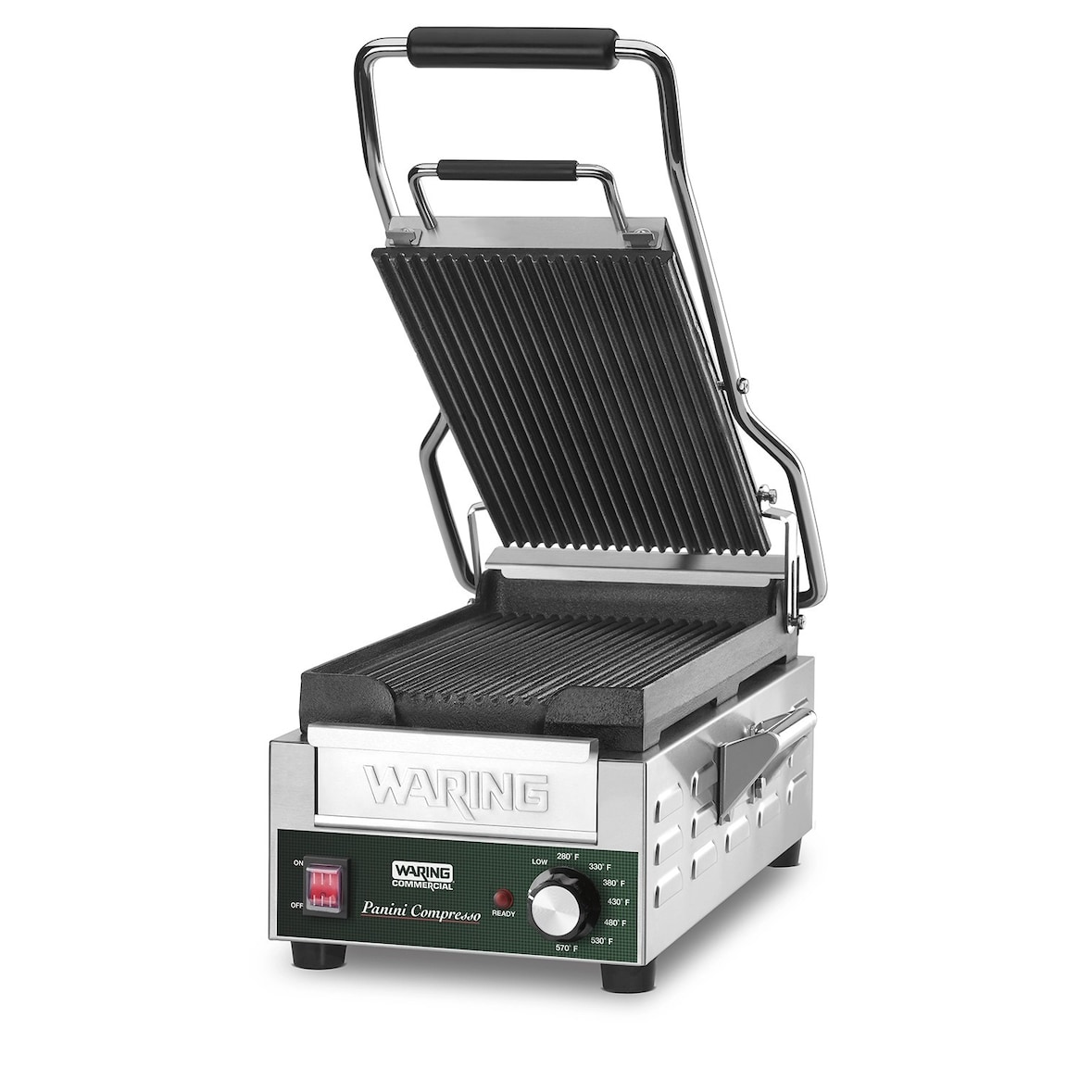 Waring tostiera/piastra panini in acciaio inox, 59x26x31cm, con piastra in ghisa rigata, 1800w, argento