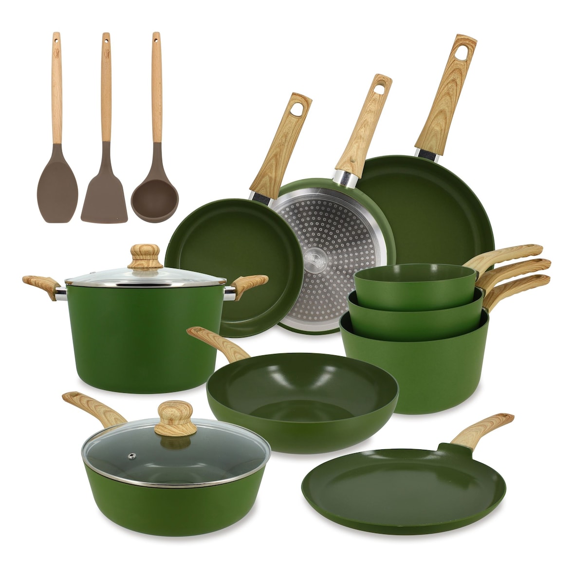 Menastyl - Set 13 pièces cuisson colorama olive en aluminium induction
