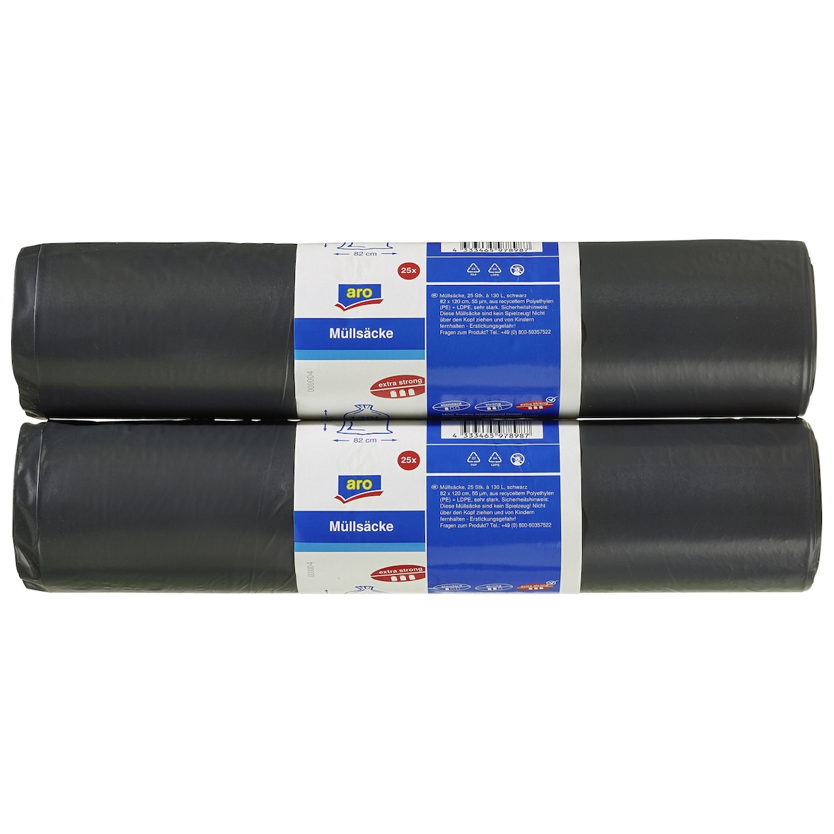 aro Sacchetti per rifiuti, HDPE/LDPE, 55 µm, 82 x 120 cm, 130 L, nero, 2 rotoli x 25 unità (50 unità)