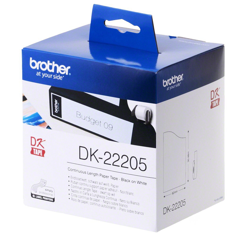 Brother DK22205 - Etiquetas originais de tamanho personalizado - Largura 62mm x 30,48 metros - Texto preto sobre fundo branco.