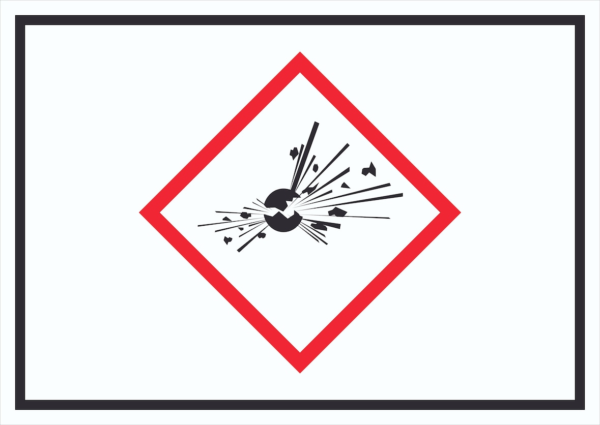 Schild Instabile explosive Stoffe Symbol Explosion A4 Rückseite selbstklebend