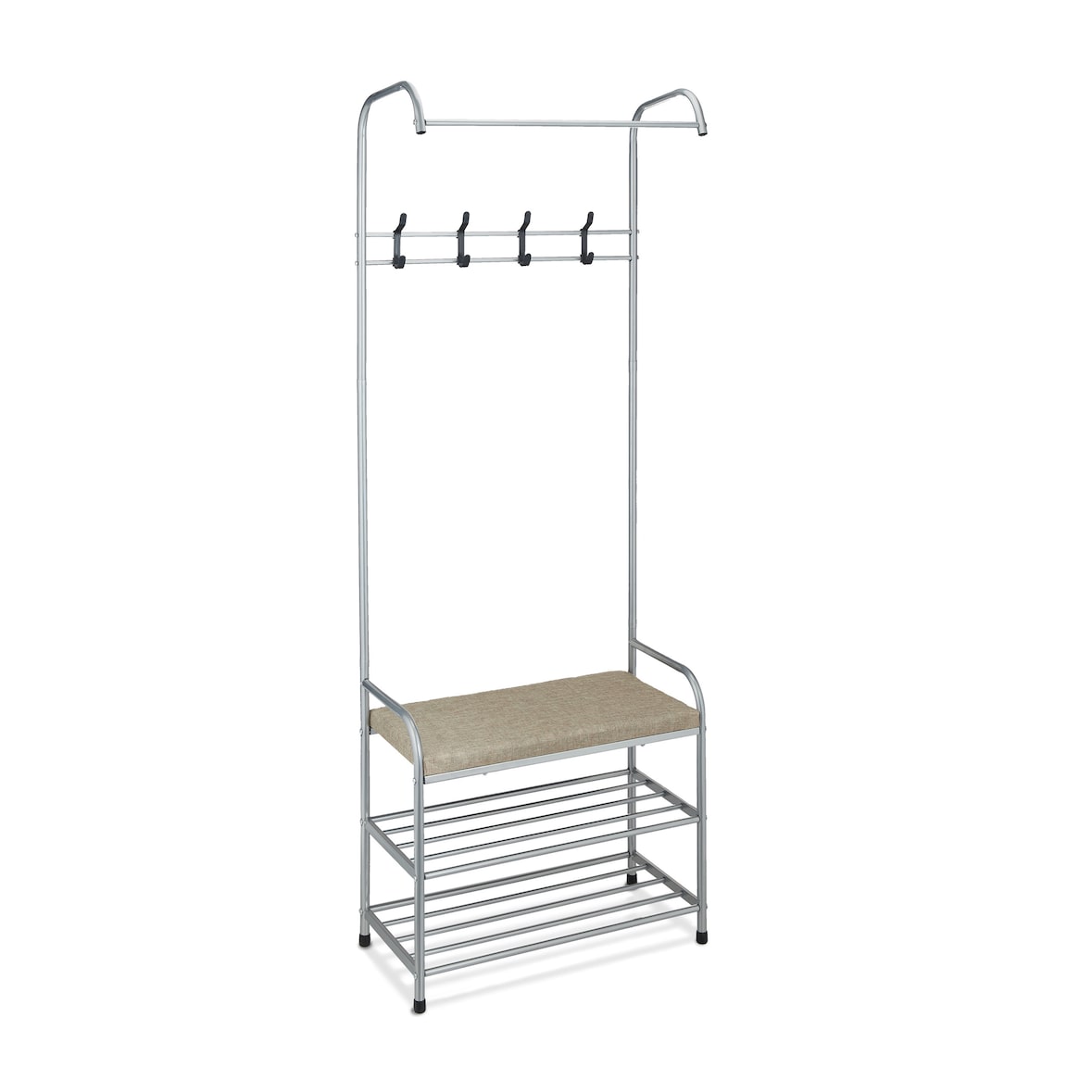 Relaxdays Garderobe mit Schuhablage & Sitzbank, Metall, stehend, Flurgarderobe mit 4 Haken, HBT: 173x64x30 cm, grau