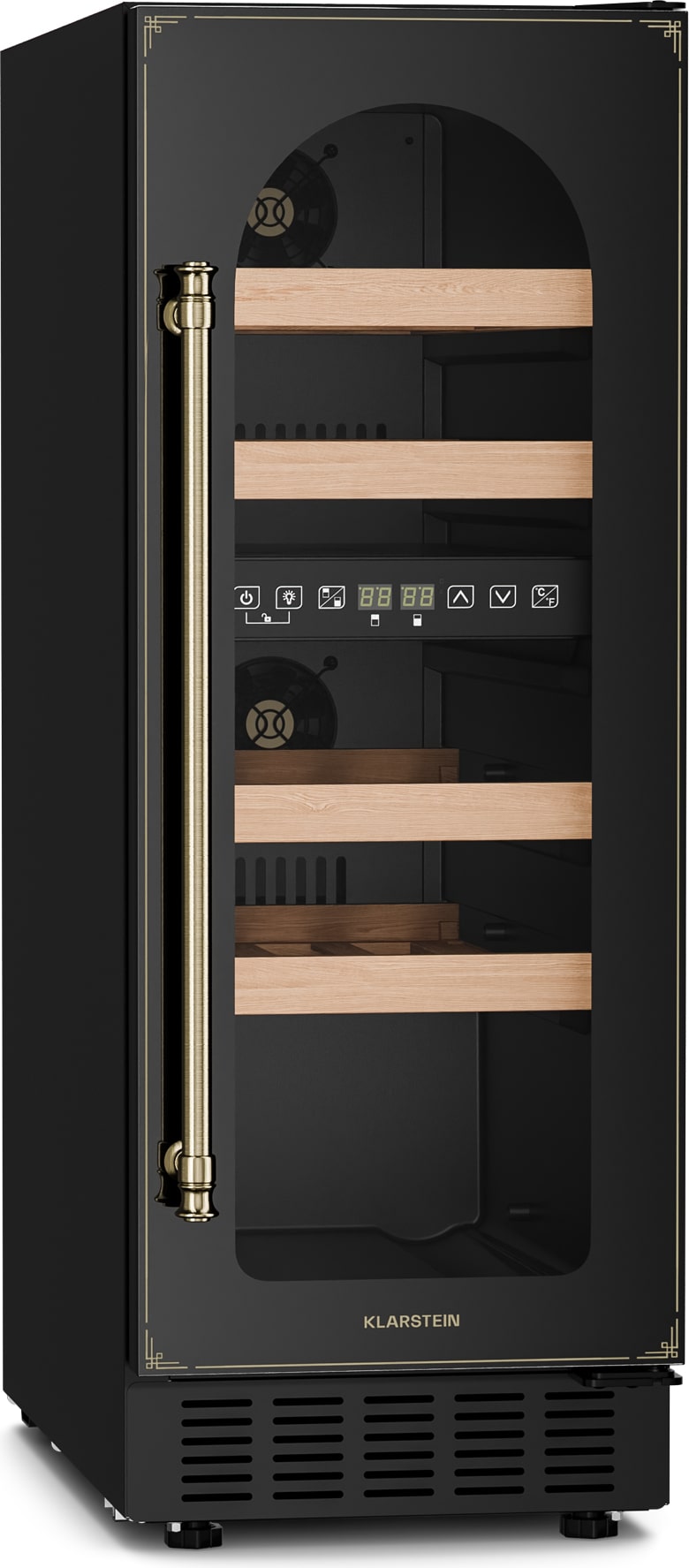 Klarstein Vinovilla Victoria 17 Duo Weinkühlschrank | 2 Kühlzonen | Touch | 17 Flaschen | 4 Regale Schwarz / Antik-Gold-Metallic