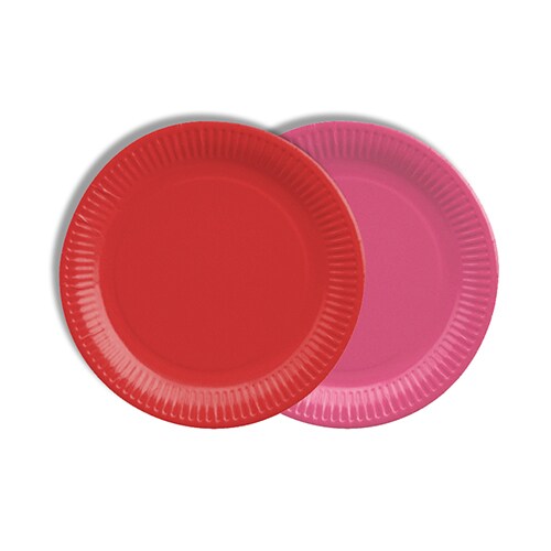 12 Teller, Pappe rund Ø 18 cm farbig sortiert - rot/fuchsia