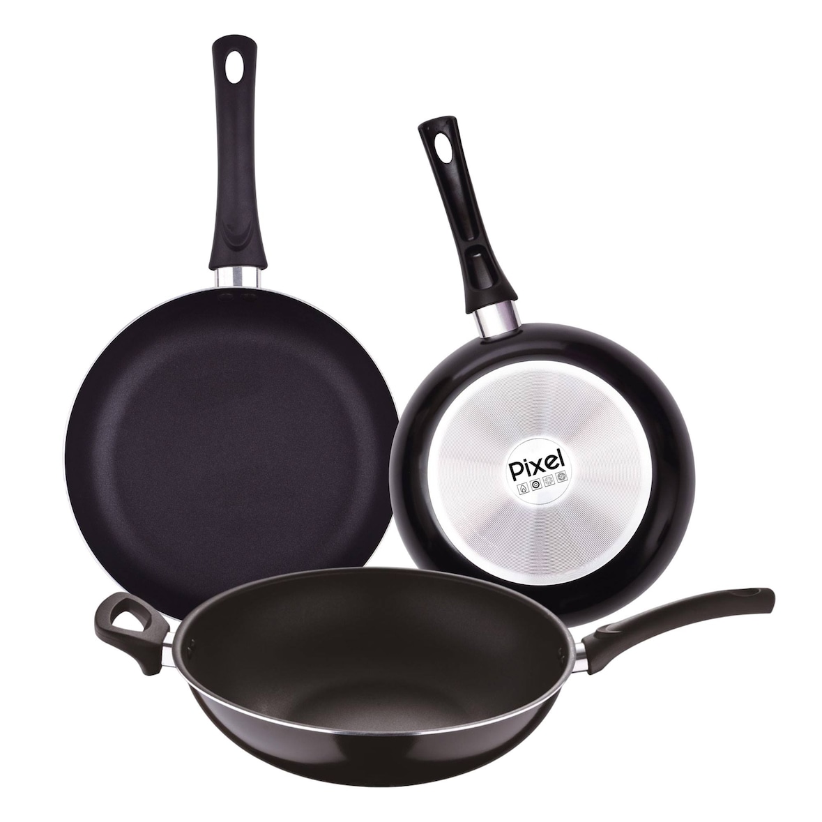 Chef sauce PIXEL - Juego de 2 Sartenes Ø20/Ø24cm y Wok Ø30cm en Aluminio Prensado Antiadherente