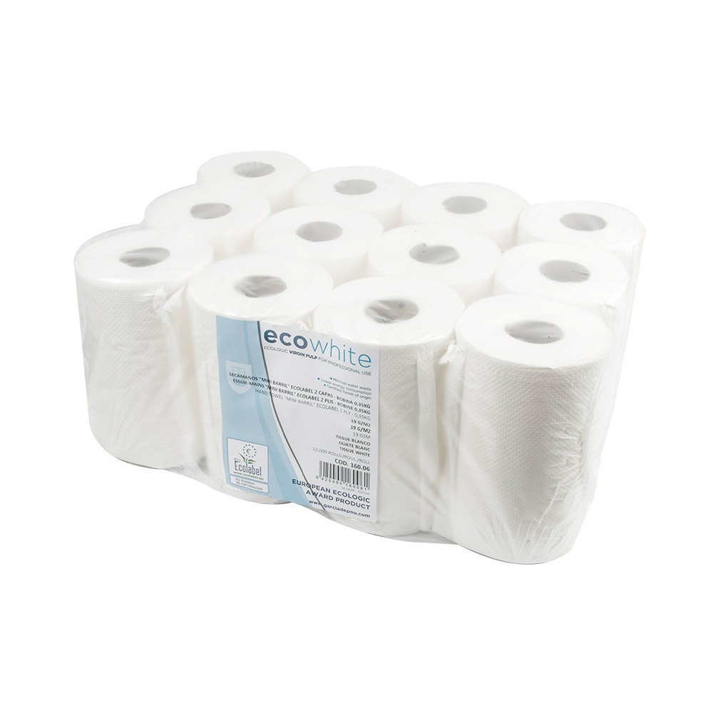 Secamanos "Mini Barril" Ecolabel 2 Capas - Bobina 0,35Kg  19 G/M2 Ø 13,2X20 Cm Blanco Tissue (12 unidades)