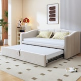 thumbnail of Polsterbett ausziehbar Schlafsofa 90x200 auf 180x200 Lattenrost Samtstoff MDF Gästebett platzsparend modern Beige