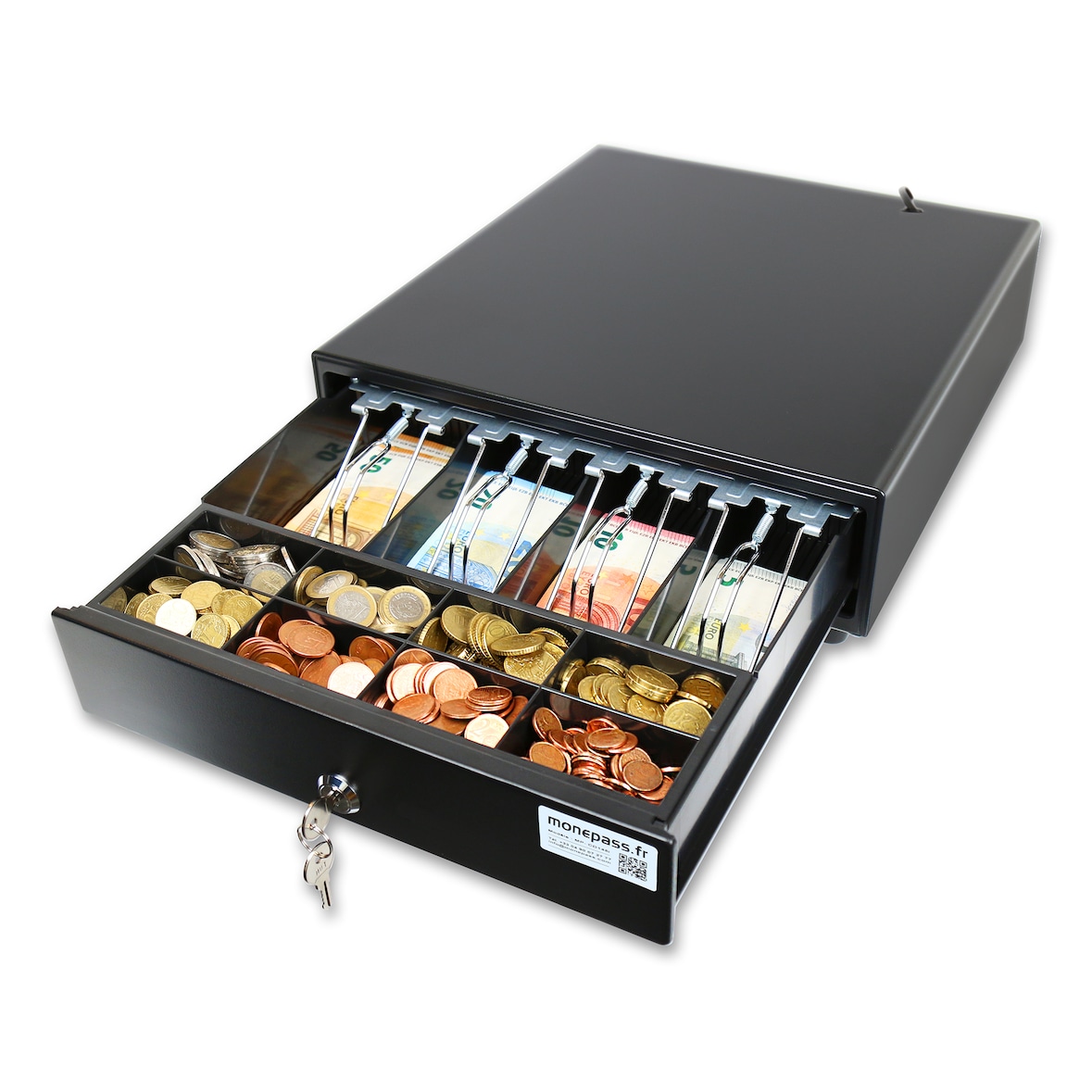 Monepass CD146e – 33,5cm – Cassetto portadenaro Low Duty 4 banconote / 8 monete con apertura automatica RJ11/RJ12