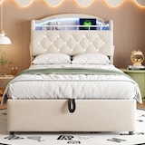 thumbnail of Polsterbett 90x200 cm für mit Stauraum, LED-Beleuchtung und USB-Anschlüssen – modernes Design in Beige