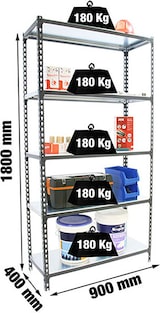 thumbnail of SimonRack Estantería Metálica, 1800x900x400 mm, 5 Alturas, Bandeja Metal, 180 kg de Punto Flexión, Antracita/Galva - Simonclick