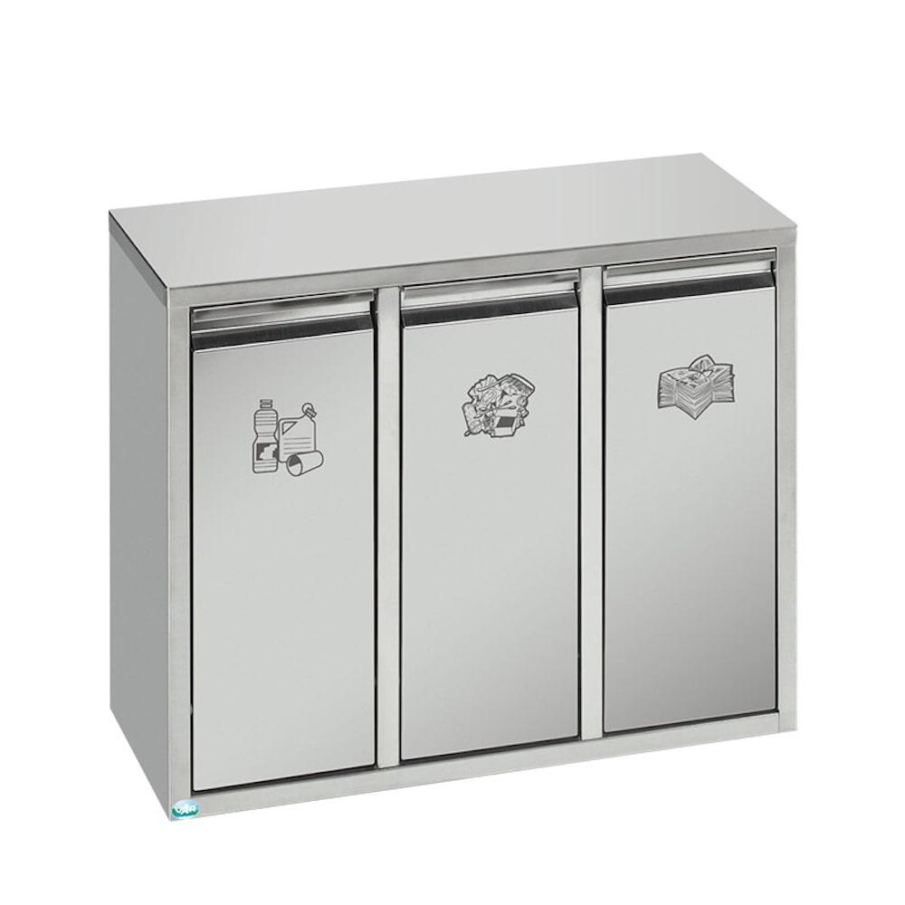 PROREGAL Wertstoffsortiersystem mit 3 Klapptüren | Stand- oder Wandbefestigung | 21 Liter, HxBxT 47x58x27cm | Edelstahl | Mülleimer Abfalleimer