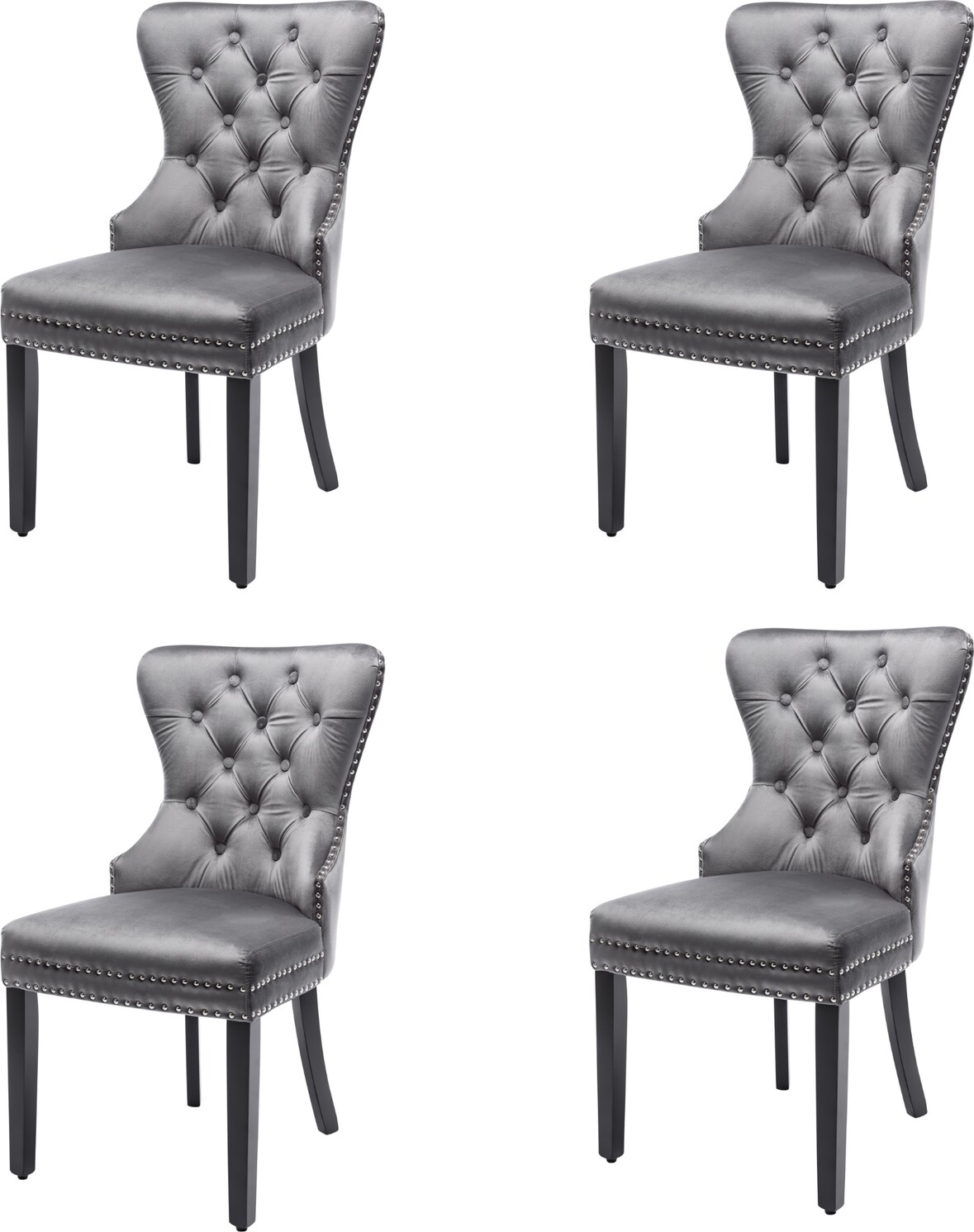 Esszimmerstühle 4er Set Samt Grau 97x51x51 cm mit Eichenoptik Beinen Nagelkopfbesatz Chromring und Knopfheftung für Küche und Lounge