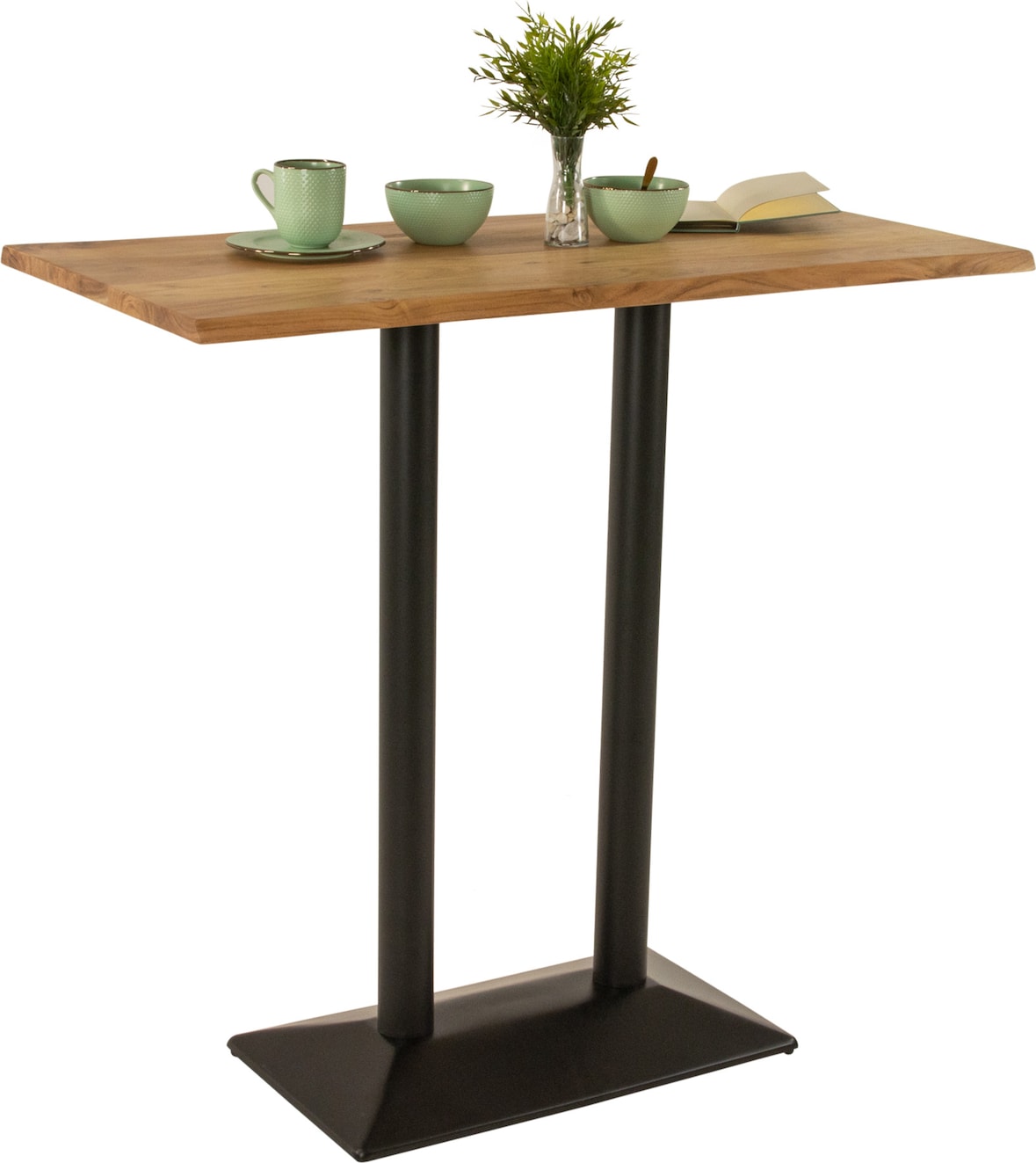 Bistrotisch Baumkante massiv 120 x 60 cm Akazie naturfarben Doppelsäulengestell schwarz IAN