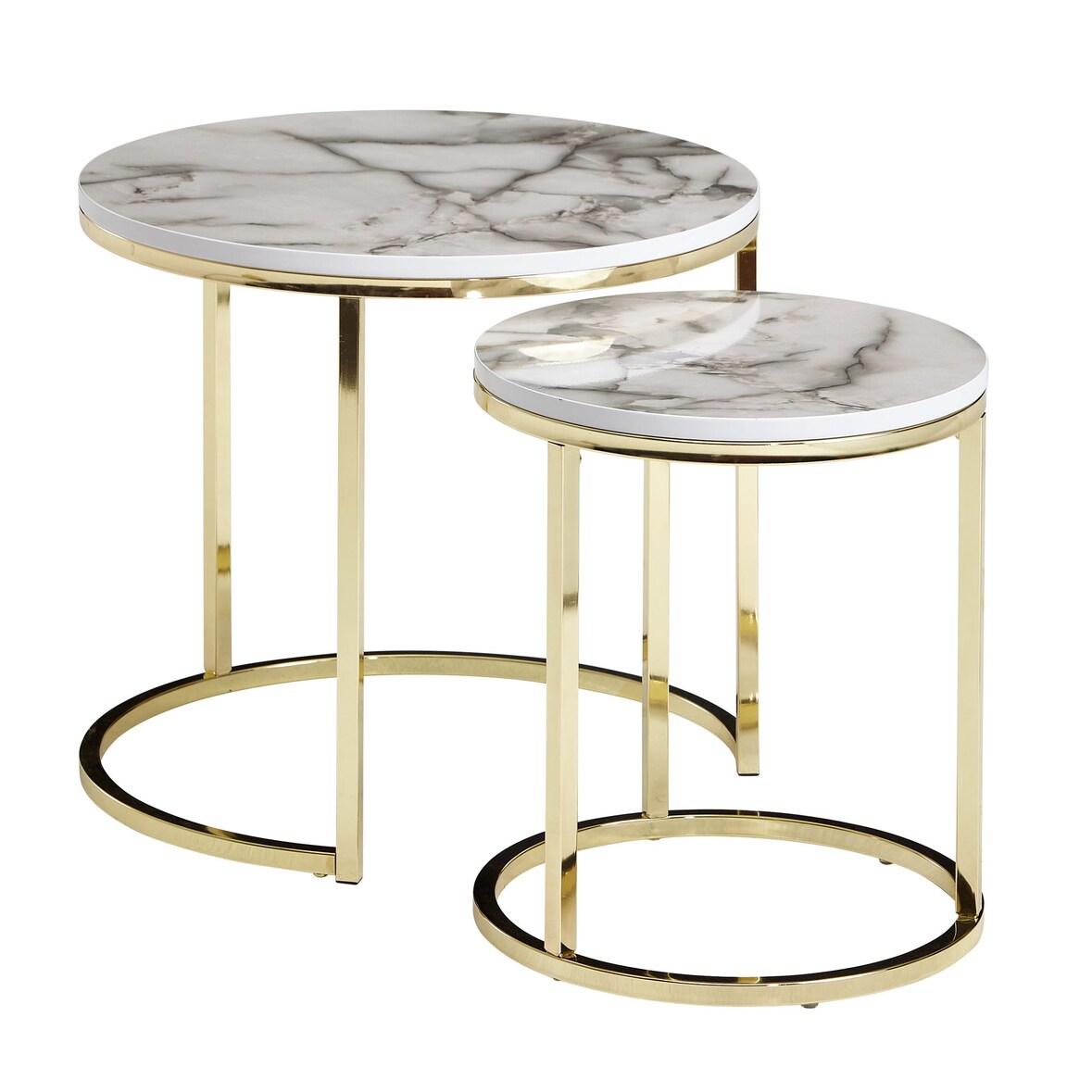 Moderne Marmor-Beistelltische, 2er Set, Goldene Gestelle, 50/35 cm. Weiß, 50x50x45 cm | Kadima Design