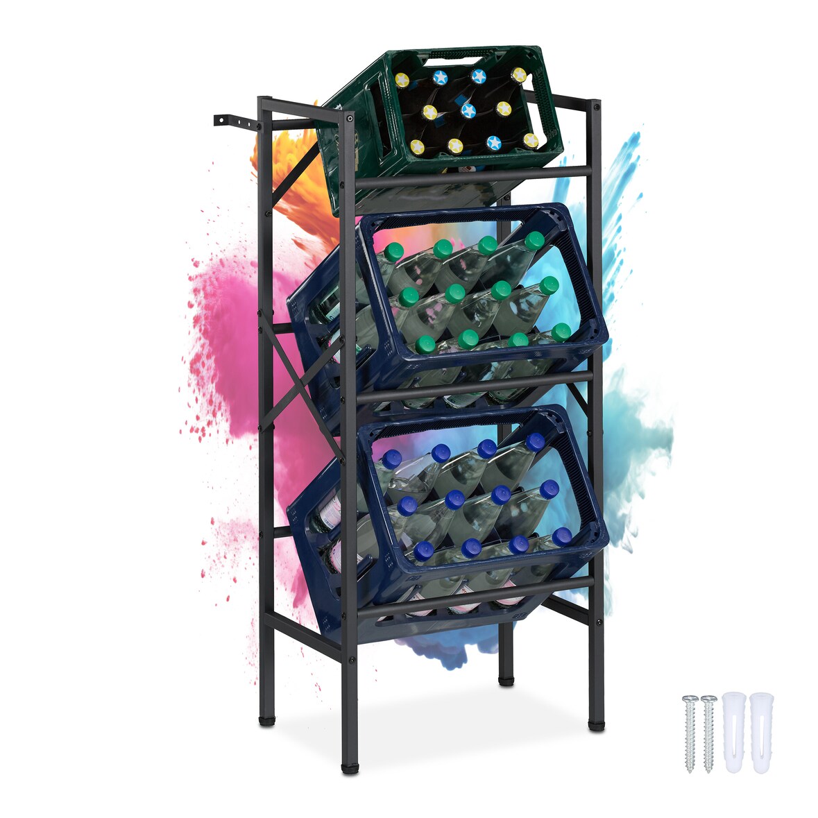 Relaxdays Getränkekistenregal, HxBxT: 109x49x32 cm, 450 kg, 3 Kisten, Stahl, Getränkekistenständer, Kistenregal, schwarz