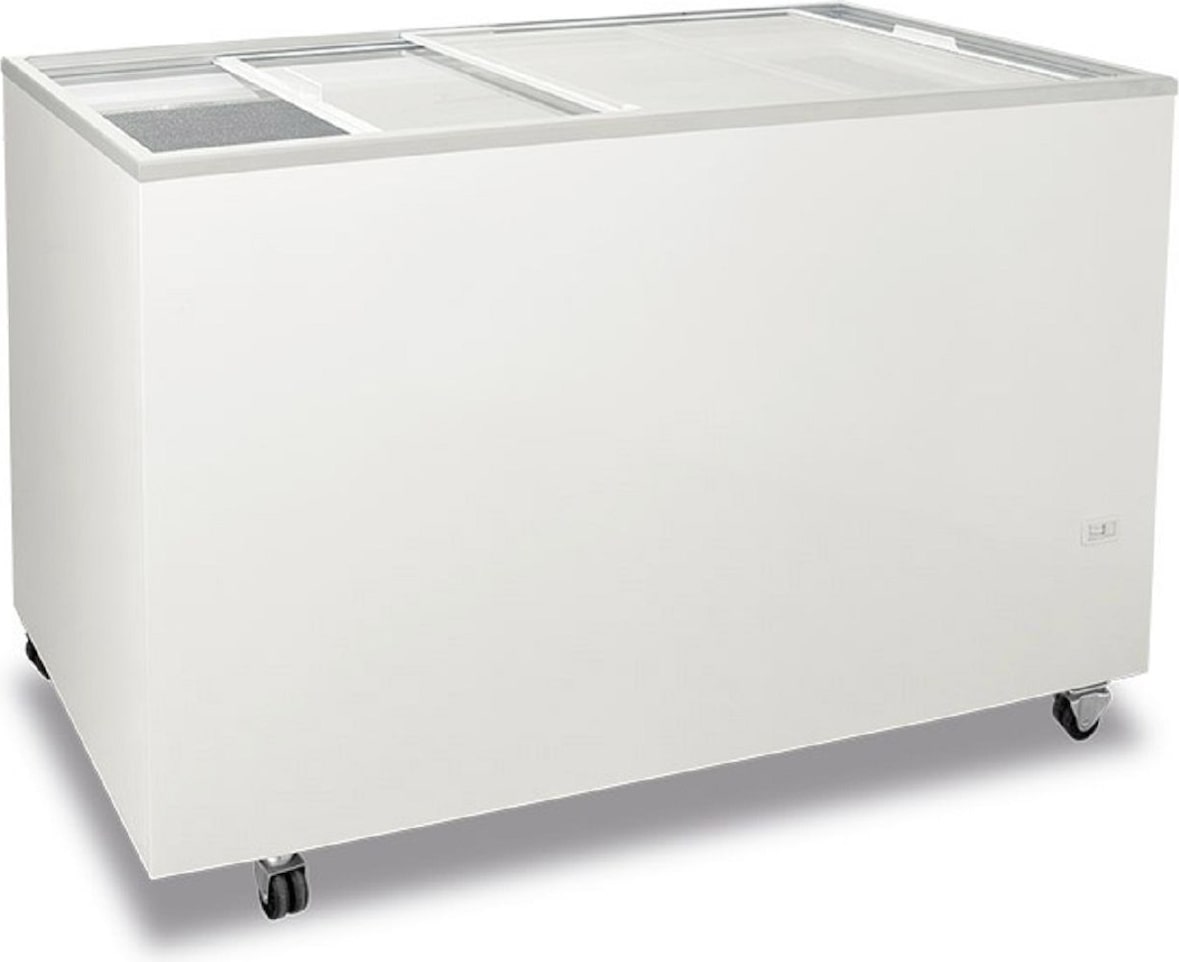 Truhe-Gefrierschrank mit flachem Schiebeglas, Innenfläche gehämmertes Aluminium, Isolierung 60 mm, -13°C/-23°C. FR400PFFK