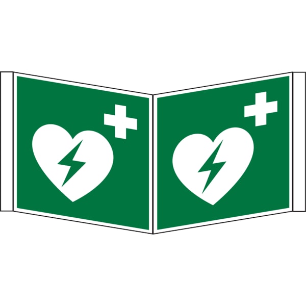 Rettungszeichen, Winkelschild Defibrillator E010 - ASR A1.3 (DIN EN ISO 7010) - 150x150x1 mm Kunststoff nachleuchtend