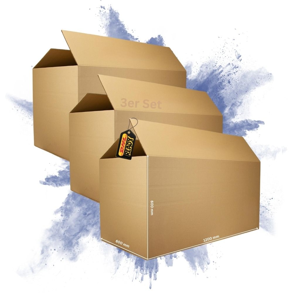 PROREGAL 3x Versandkarton 2-wellig | LxBxH 1200 x 600 x 600 mm | Mit Höhenriller & Belastbar bis 30 kg | Faltkarton Karton Paket für Versand mit DHL